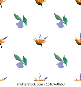 Orange Strelitzia. Purple Bllflower. Vector illustration. Seamless background pattern. Floral botanical flower. Wild leaf wildflower isolated. Exotic tropical hawaiian jungle. Fabric wallpaper print.