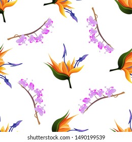 Orange Strelitzia. Purple Komakusa. Vector illustration. Seamless background pattern. Floral botanical flower. 