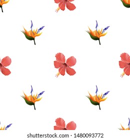 Orange Strelitzia. Red Hibiscus. Vector illustration. Seamless background pattern. Floral botanical flower. Wild leaf wildflower isolated. Exotic tropical hawaiian jungle. Fabric wallpaper print.