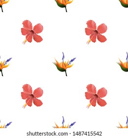 Orange Strelitzia. Red Hibiscus. Vector illustration. Seamless background pattern. Floral botanical flower. Wild leaf wildflower isolated. Exotic tropical hawaiian jungle. Fabric wallpaper print.
