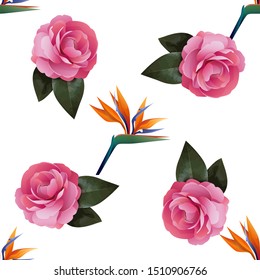 Orange Strelitzia Reginae. Pink Balsam. Vector illustration. Seamless background pattern. Floral botanical flower. Wild leaf wildflower isolated. Exotic tropical hawaiian jungle. Fabric wallpaper.