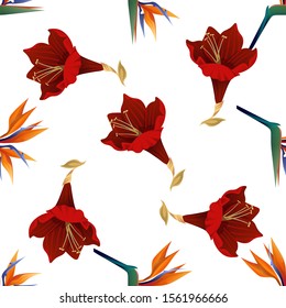 Orange Strelitzia Reginae. Purple Amaryllis. Vector illustration. Seamless background pattern. Floral botanical flower. Wild leaf wildflower isolated. Exotic tropical hawaiian jungle. Fabric.