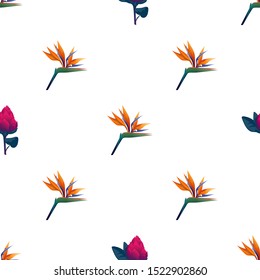 Orange Strelitzia Reginae. Red Vriesea. Vector illustration. Seamless background pattern. Floral botanical flower. Wild leaf wildflower isolated. Exotic tropical hawaiian jungle. Fabric wallpaper.