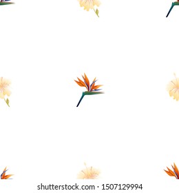 Orange Strelitzia Reginae. Yellow hibiscus. Vector illustration. Seamless background pattern. Floral botanical flower. Wild leaf wildflower isolated. Exotic tropical hawaiian jungle. Fabric.