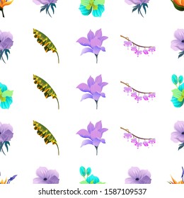 Orange Strelitzia. Violet Anemone. Green Orchid. Yellow Banana Leaf. Purple Magnolia. Purple Komakusa. Vector illustration. Seamless background pattern. Floral botanical flower. Wild leaf wildflower.