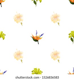 Orange Strelitzia. Yellow hibiscus. Yellow Lilium. Vector illustration. Seamless background pattern. Floral botanical flower. Wild leaf wildflower isolated. Exotic tropical hawaiian jungle. Fabric.