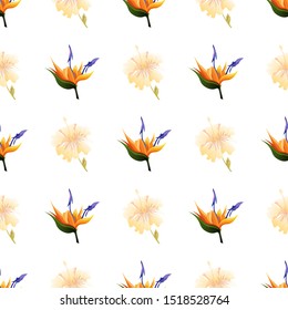 Orange Strelitzia. Yellow hibiscus. Vector illustration. Seamless background pattern. Floral botanical flower. Wild leaf wildflower isolated. Exotic tropical hawaiian jungle. Fabric wallpaper print.