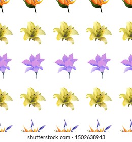 Orange Strelitzia. Yellow Lilium. Purple Magnolia. Vector illustration. Seamless background pattern. Floral botanical flower. Wild leaf wildflower isolated. Exotic tropical hawaiian jungle. Fabric.