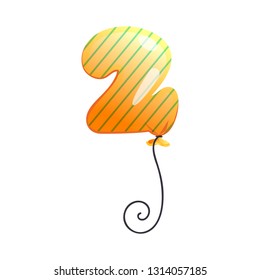 Orange striped balloon in shape of number two illustration. Birthday, anniversary, decoration. Party concept. Vector illustration can be used for topics like celebration, holiday, creativity