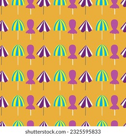 Orange striped beach umbrellas seamless vector pattern. Small colored parasols at the beach, summer vector pattern. Summertime goodvibes vector background.