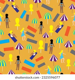 Orange striped beach umbrellas and beach towels seamless vector pattern. Small colored parasols at the beach, summer vector pattern. Summertime goodvibes vector background.