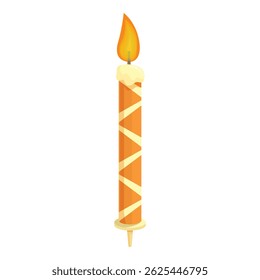 Orange striped birthday candle burning with yellow flame isolated on white background