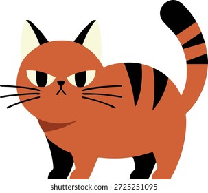 Um gato listrado laranja está de pé com olhos estreitados e um rabo arqueado mostrando uma expressão irritada.