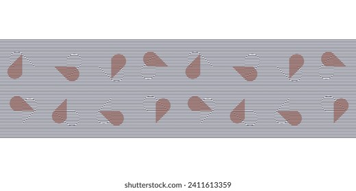 Orange and striped half hearts on striped background. Abstract seamless vector pattern Border with moiré effect. Monochrome minimalist design for prints, postcards, invitations and banners.