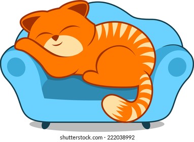 Orange striped Lazy cat smiling and sleeping on sofa blue armchair vector illustration. 