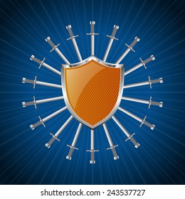 Orange striped shield with ring of swords background design