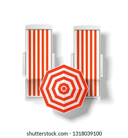 Orange striped sun umbrella near beach lounger top view. Seaside resort relaxation and suntanning elements. Summer holiday vacation. seashore pool hotel rest chair , sun protecting parasol. Vector