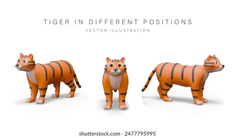 Orange striped tiger in plasticine style. 3D vector wild animal. Big cat, predator