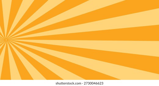 Orange stripes burst lines background. Sun ray light. Radiate sunlight. Vintage stripes halftone radial wallpaper for poster, banner.Circus background of spiral yellow orange rays vector. 