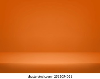 Orange Studiohintergrund. Platz für den Verkauf von Produkten auf der Website. Orangefarbener Hintergrund Leeres Zimmer Studio mit Tisch. Vektorgrafik.