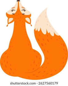 Orange stylized fox sitting with closed eyes, looking up playfully, featuring a big fluffy tail curving elegantly. Simple cartoon illustration capturing an adorable character