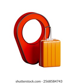 Orange suitcase and big red GPS icon on background. Summer vacation travel concept.