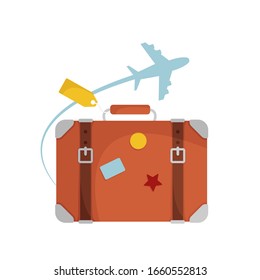 Orange suitcase with leather straps. Travelling by plane concept. Vector Illustration isolated on white background