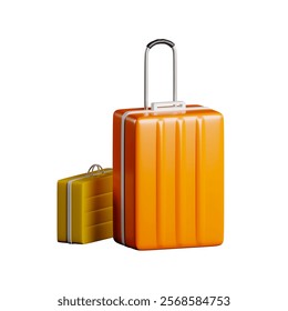 Orange suitcase lying on isolated background. Summer vacation travel equipment. 3d rendering.