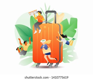 Orange suitcase and tiny people over tropical leaves. Vector summer metaphor with big orange travel case surrounded by tiny people.