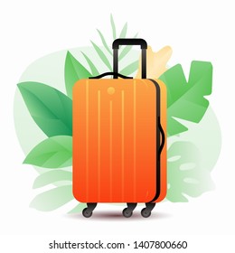 Orange suitcase and tropical leaves. Vector illustration of travel, vacation or journey. Isolated on white background.