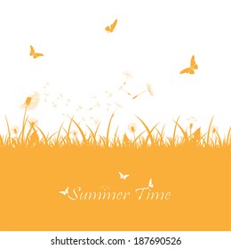 Orange summer background with dandelions and butterflies, illustration.