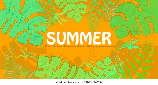 Orange summer banner with tropical plants. Vector illustration.