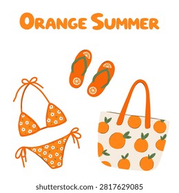 Orange summer beach essentials with bikini, flip flops and citrus tote bag on white background, perfect for vacation poster, social media