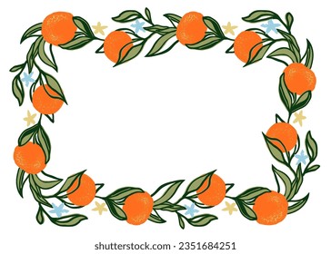 Orange summer fruit circle wreath. Summer frame for card, tag or invite. Vector hand drawn illustration isolate on white background