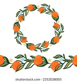 Orange summer fruit circle wreath. Seamless garland with fruit. Summer frame for card, tag or invite. Vector hand drawn illustration isolate on white background