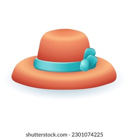 Orange summer hat with blue ribbon for women 3D illustration. Cartoon drawing of female headwear for beach or summer in 3D style on white background. Accessories, fashion, holiday, tourism concept