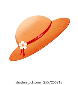 an orange summer hat with a flower on it vector illustration. Beach headgear on white background.