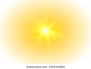 Orange summer sunlight burst. Summer sunburst. The yellow sun, a flash, a soft glow without departing rays. Shiny hot star lights, summer concept gold bright and vibrant color background. Vector