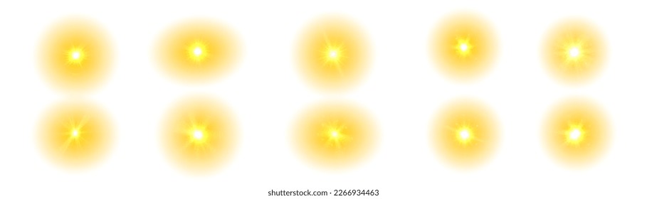 Orange summer sunlight burst. The yellow sun, a flash, a soft glow without departing rays. Summer sunburst. Shiny hot star lights, summer concept gold bright and vibrant color background. Vector