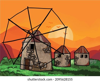 Orange summer sunset with vintage old windmills on grasslands. Fresh Vector Hand Drawn Illustration. Clean energy on green grass and happy birds flying on the background.