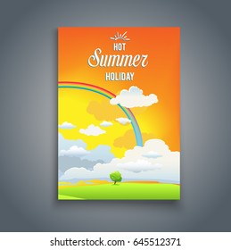 Orange summer template with rainbow. Nature template for design banner, ticket, leaflet, card, poster and so on.