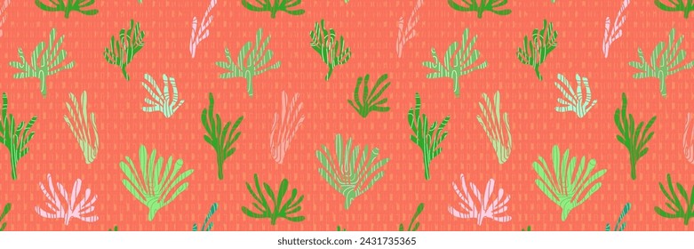 Orange summer tropical seamless pattern. Abstract tropical plants. Texture with cells. Vector illustration for banners, wallpaper, background, sales, discounts, promotions, etc.