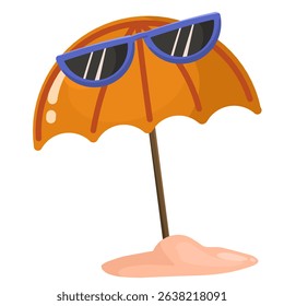 an orange summer umbrella on a sandy beach accessorized with sun glasses