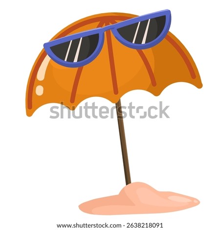 an orange summer umbrella on a sandy beach accessorized with sun glasses