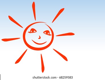 Orange sun against the blue sky. Sun smiling. Sun smiles. JPEG version is available as ID 71502913.