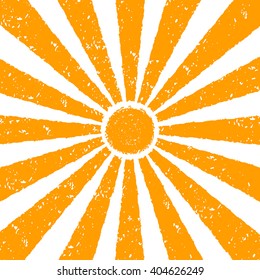 Orange Sun background. Hand painted with oil pastel crayons. Bright fun card, invitation template. Yellow and orange sun and red text. Abstract graphic design on white background. Vector illustration