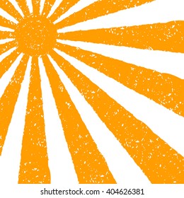 Orange Sun background. Hand painted with oil pastel crayons. Bright fun card, invitation template. Yellow and orange sun and red text. Abstract graphic design on white background. Vector illustration