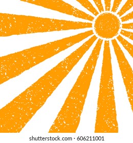 Orange Sun background. Hand painted with oil pastel crayons. Bright fun card, invitation template. Yellow and orange sun and red text. Abstract graphic design on white background. Vector illustration