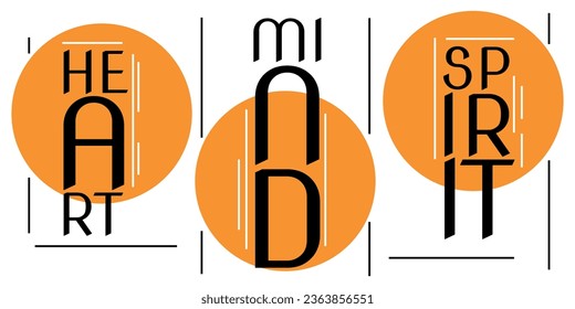 The orange sun is behind the three words of the pillars of human existence - "Heart, mind, spirit". Orange circles background and slogan - "Heart, mind, spirit".