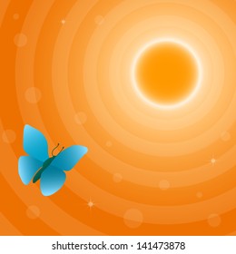 Orange sun and blue butterfly, background illustration